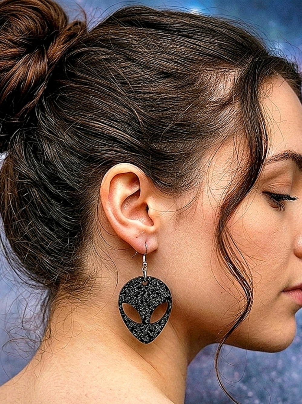 Dark Midnight Black Sparkle Alien Outer Space Galaxy Bold Fashion Earring - Picture 4 of 4